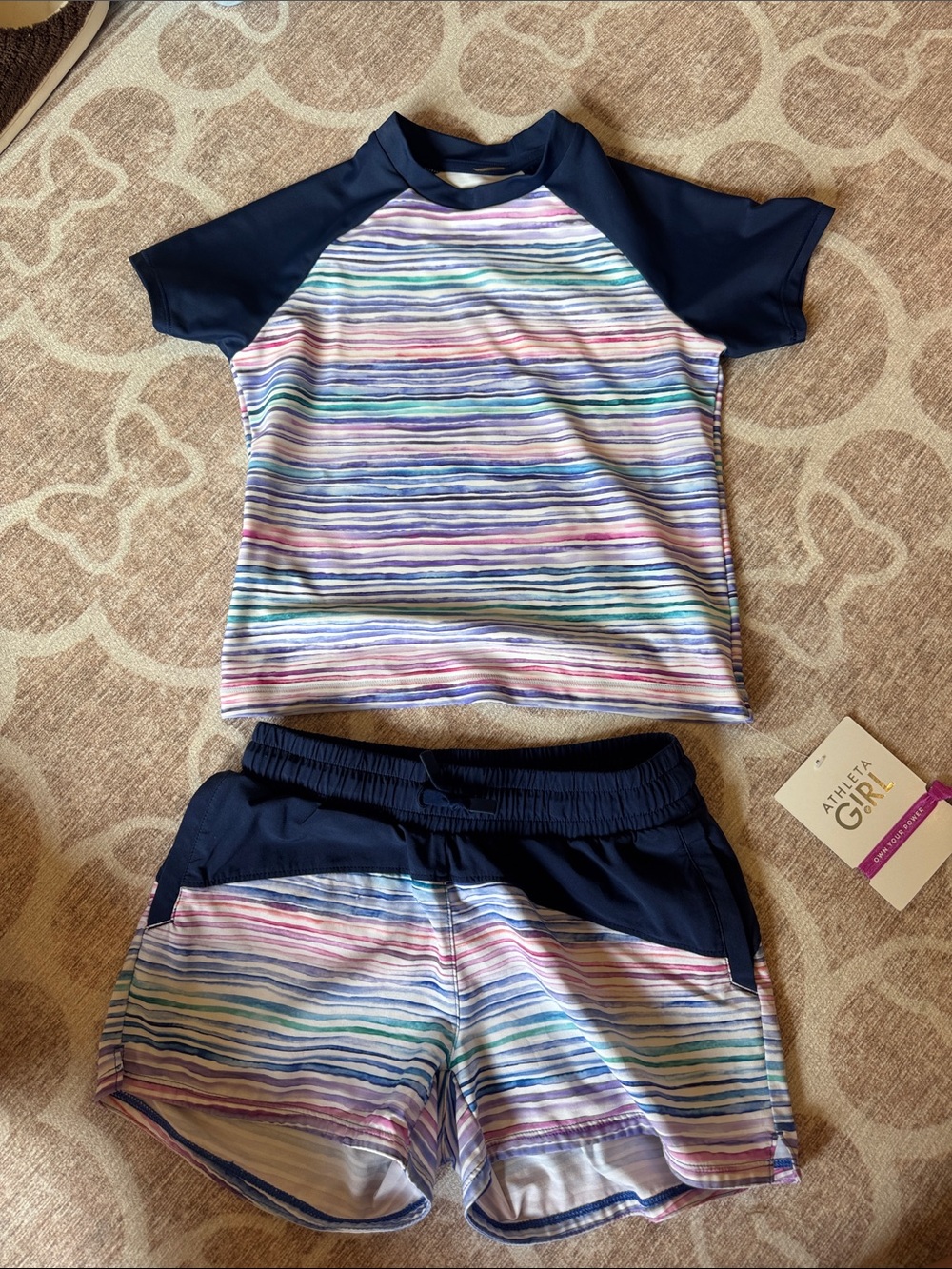 Athleta Navy Raglan Rashguard Set with Pastel Multicolor Stripes size 7